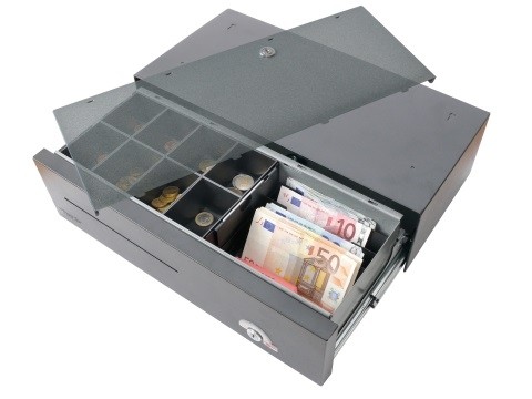 4522 E-KE-D - elektrische Geldschublade (kurze Einbautiefe), Universal-Modell, 4 Banknotenfächer (schräg), 8 Münzbehälter, grau