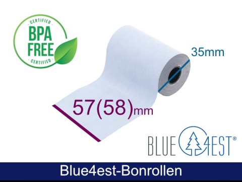 Thermorolle - 57(58) 35 12 (B/D(max.)/K) weiss, 14m, Blue4est® (Blau) Ökopapier, 50Rollen/VPE, mit Lastschrift-Text