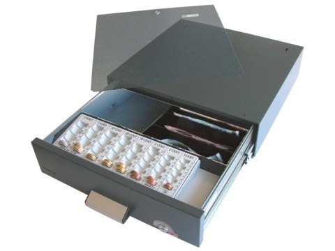 SU41 - Unterbau-Kassenlade mit Sicherheitsalarmverschluss, 4 Schrägfächer für Banknoten, Zählbretteinsatz Typ MINI375, Zylinderschloss, anthrazit
