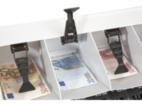 Schreibtischkasse - REKORD 8150 PLS mit 8 Einzelmünzbehältern, 5 Banknotenfächern mit Banknotensicherungen,1 Münzmulde und 1 Rollenfach